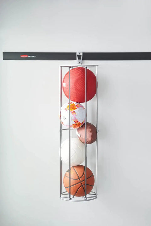 Garage FastTrack Vertical Ball Rack Wall Mount in Satin Nickel with balls organized in a cylinder for home, holds up to 50 lbs