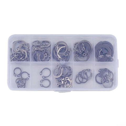 Go-To External Circlip Retaining Ring Set 100 Pieces, stainless steel rings in divided case, 8mm to 18mm range