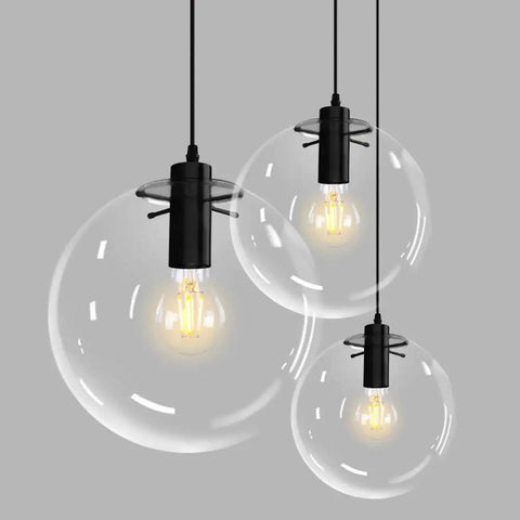 Industrial Clear Glass Globe Pendant Light With E27 Socket, Modern Kitchen Loft Fixture, lit bulbs, 9.8 Inch Shade