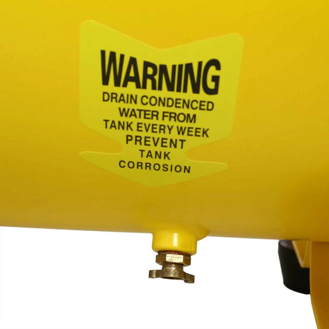 Warning label on the yellow tank of the Top Rated 3.5HP Quiet Air Compressor With 10 Gallon Oil Lubricated Horizontal Tank.
