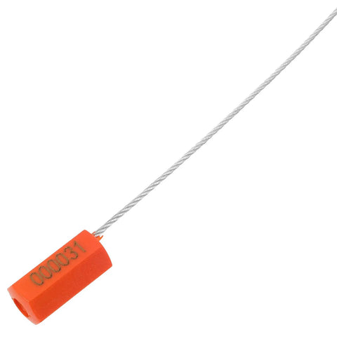 Heavy Duty Orange Steel Wire Cable Seals With Forty Pieces Tamper Resistant Bolt Locks To Keep Shipping Containers And Cargo Trailers Locked Down Tight For Industrial Haulage And Water Meter Valves, showing an orange seal and cable.