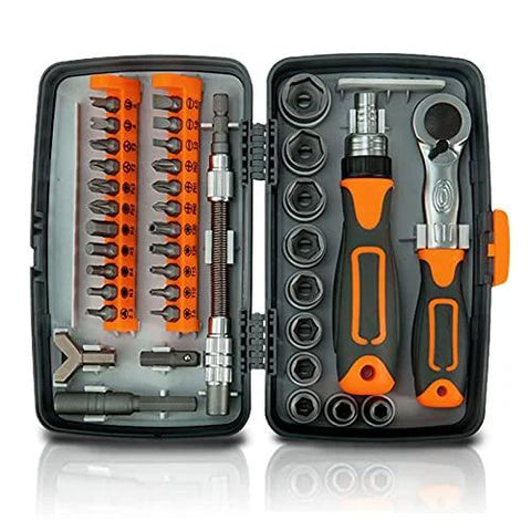 TYZK 38-in-1 hand tool set, front view in open orange/black case with ratchet screwdriver and multiple bits and sockets
