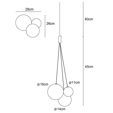 Diagram of Lit Modern LED Glass Ball Pendant Light Fixture, 3 Light Cluster, dimensions for kitchen island and dining room.