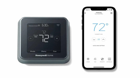 Smart Thermostat T5 Black ENERGY STAR Certified Cut Bills With Easy Temperature Control next to smartphone app interface