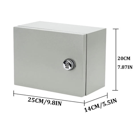Heavy duty waterproof electrical enclosure junction box 25x20x14 cm with lock, rugged steel construction for indoor and outdoor use.