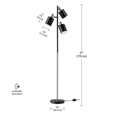 67 Inch 3-Light Tree Floor Lamp With Matte Black Finish And Brass Accents, Adjustable Pivoting Heads, For Living Room Or Office.