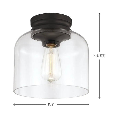 Oil Rubbed Bronze One Light Flush Mount With Clear Glass Or Mercury Glass Options In Hounslow Style Period Inspired Ceiling Fixture 9 Inch Wide By 8.88 Inch High Cozy Modern Farmhouse Lighting, clear glass option front view