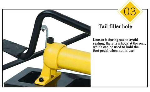 Heavy Duty Manual Hydraulic Pedal Pump delivering 9947 psi peak pressure tail filler hole and foot pedal design detail.