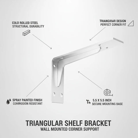 Triangular Cold Rolled Steel Shelf Bracket, 5.5 By 5.5 Inch Corner Support illustration with durability features.