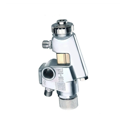 Pro Level Stainless Steel Pneumatic Paint Spray Gun That Cuts Through The Grind With Zero Sweat For A Flawless Coat On Furniture Aircraft And Diy Backyard Builds - close-up view of nozzle and air connection.