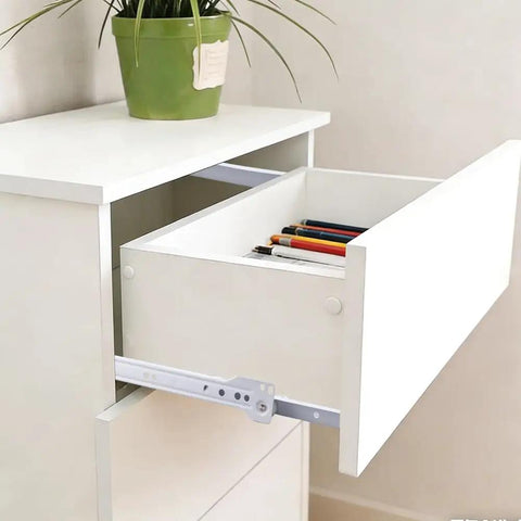 Top Shelf Ten Inch Drawer Slides Set Of Two Bottom Mount Rails With Slick Rolling Nylon Wheels No Fuss Installation - drawer open with pens inside.