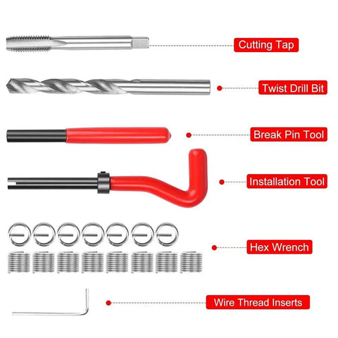 Heavy Liftin M10 X 1.5 Thread Repair Insert Kit With Smooth Stainless Steel Coils tools including tap and drill bit.