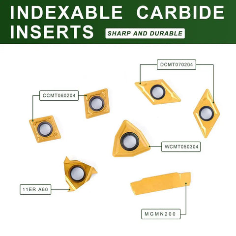 7 Piece 3/8 Inch Shank Indexable Carbide Lathe Turning Tool Set With Heavy Duty Holders And Solid Grip Inserts, showcasing sharp carbide inserts.