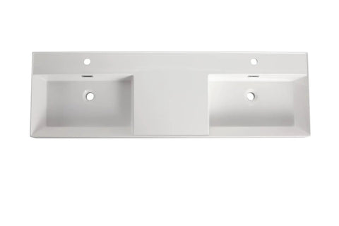 Top Shelf Heavy Duty Sixty Inch Bathroom Resin Sink With Slick Modern Countertop Basin waterproof finish, top view, white gloss surface.