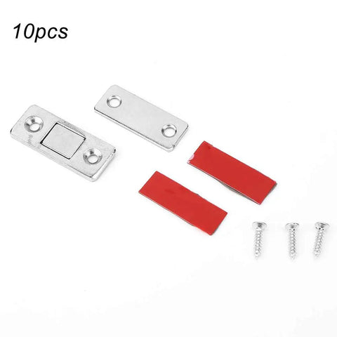 10pcs Stainless Steel Door Magnet Cabinet Catch with heavy duty magnetic closure, includes tape and screws.