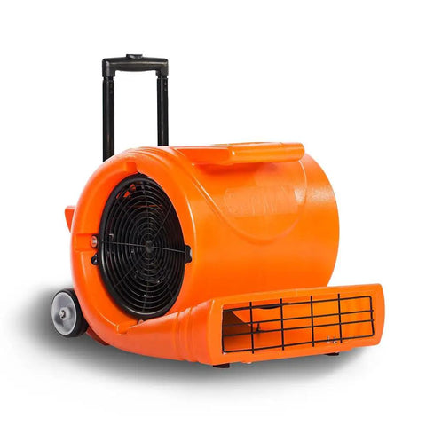 Powerful 3 Speed Air Mover With 1.3HP Motor Delivers 5000 CFM For Quick Carpet Drying, orange blower with handle and wheels.