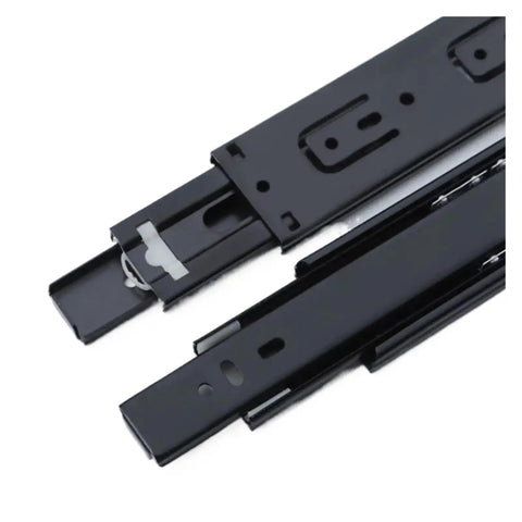 Close-up of Push To Open Rebound 3 Folds Black Detachable Ball Bearing Drawer Slides for Cabinets, Telescoping Full Extension, 14 Inch