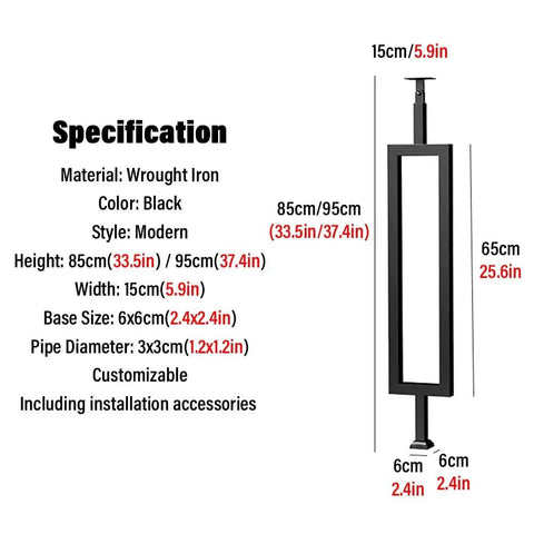 Badass Black Metal Railing System 30 Pack Heavy Duty Balusters And Posts, wrought iron specifications and measurements detailing height and width.