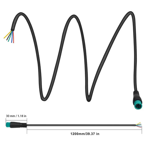 Waterproof Ebike Extension Cable 2Pin 3Pin 4Pin 5Pin 6Pin 120cm lead with female to male connectors, shown coiled with measurements.
