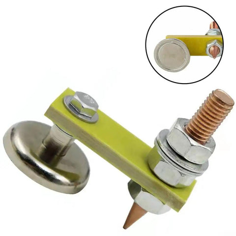 Heavy Duty Welding Magnet Head With 3kg Suction Power For Steel Fixtures And Secure Positioning Of Round Flat Or Square Metal Parts At Any Angles close-up showing metal part with suction disk and adjustable pin.