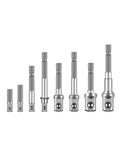 Pro Heavy Duty Internal Hex Handle Universal Drill Bit Screwdriver Impact Socket Adapter Kit, 8 Pieces Cobalt Steel Alloy Set For Tough Jobs And Fast Fixes, eight adapters displayed