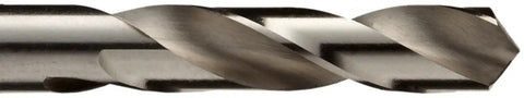 Close-up of a drill bit from the HSS Short Length Drill Bit Set A To Z, 26-Piece With Metal Case, Bright Finish, 118 Degree Conventional Point.