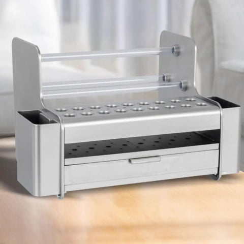 Portable Screwdriver Tool Organizer With Slide Out Drawer Desktop Storage Rack Made From Heavy Duty Pvc And Pe Silver tool holder with pullout tray.