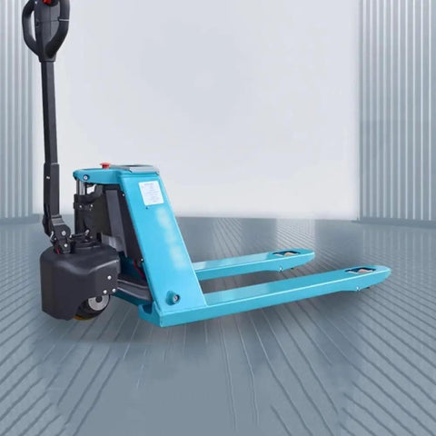 Heavy Duty Electric Pallet Jack With 3300 Lb Capacity, Lithium Powered Forklift Pump For Tight Warehouse Spaces Walk Behind Industrial Truck positioned on a smooth floor.
