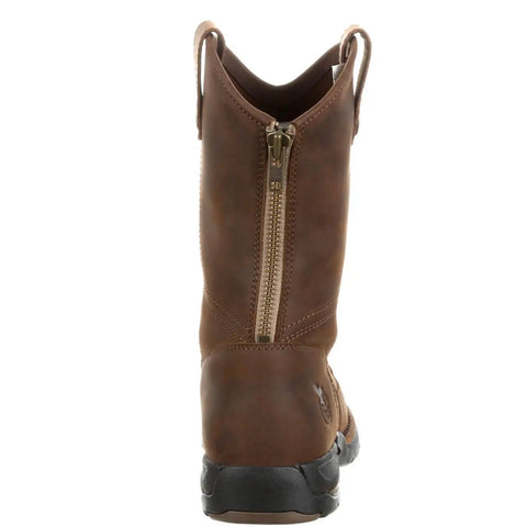 Men's Brown Moc Toe Work Boots Pull On Style With Back Zipper Electrical Hazard Rated flexible sole and rear view.