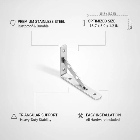 Stainless Steel Triangle Shelf Bracket Wall Mount For Floating Shelves, Heavy Duty Kitchen And Living Room Storage Support, 15.7 By 5.9 By 1.2 Inches, One Piece shown with features.