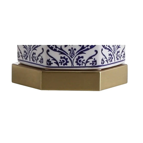 Base of Blue And White Ginger Jar Ceramic LED Table Lamp With Hex Damask Pattern White Linen Shade Brass Accents Includes LED Bulb ETL Listed