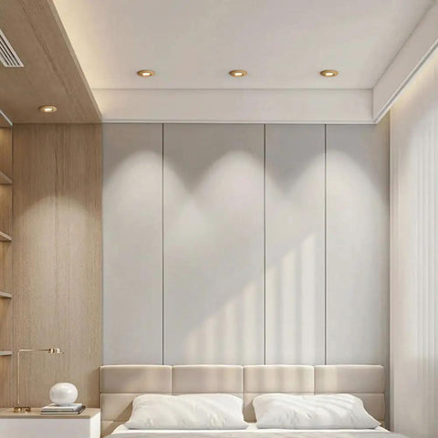 XYIANG 3.9 Inch Farmhouse Wood Grain Recessed Lighting Housing Trim Kits 7W Led Recessed Lighting in a modern bedroom setting.