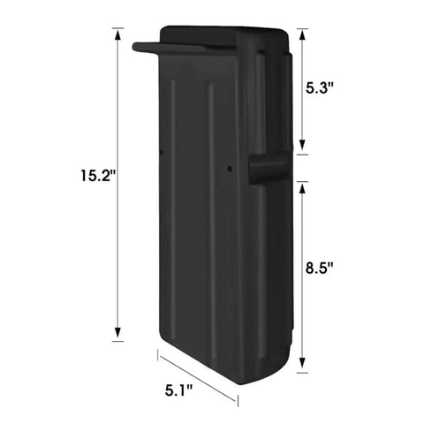 Black boat dock fender guard and side protector made of tough PVC, showing dimensions of 15.2 x 5.1 inches