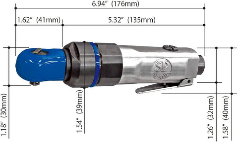 Crazy Fast Mini Impact Ratchet Three Eighths Inch Size With Reaction Free Clutch, 700 RPM Max And 55 Ft Lbs Torque, dimensions labeled