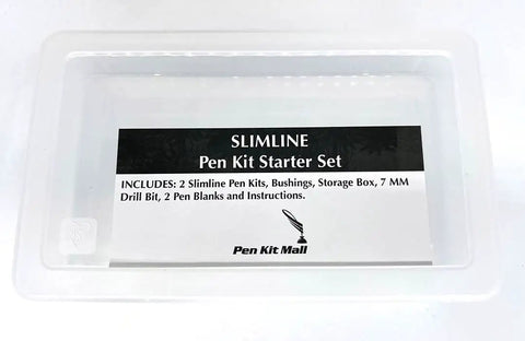 Slimline Pen Kit Starter Set With Case, 7mm Drill Bit, Bushings, And Wood Blocks, case with label listing contents.