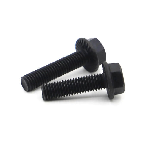 Heavy Duty Hex Flange Bolt Screws, Ironclad Grade 10.9 Fasteners With No Drama Installation, two bolts with black coating and deep threads