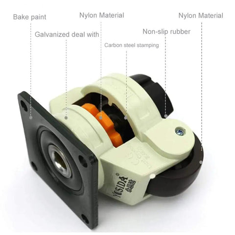 Smooth Rollin Heavy Duty Retractable Leveling Caster Wheels Top Shelf Swivel Furniture Casters With Flat Mount Rollers showing nylon material and rubber wheel.