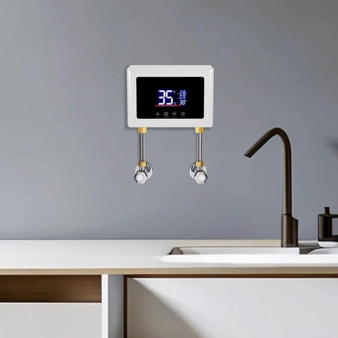 Instant Electric Water Heater 3000W On Demand Tankless Digital Temperature Control mounted on wall near kitchen sink