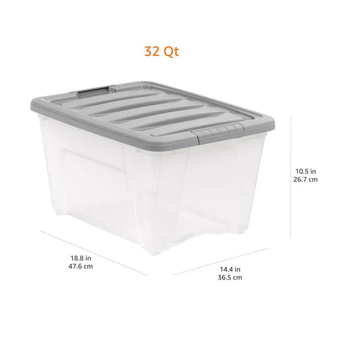 Straight Up Heavy Duty 32 Quart Clear Storage Bins With Secure Latching Lids Stackable Organization Containers, side view with measurements.