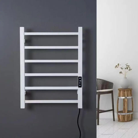 6 Bar Electric Towel Warmer Rack Wall Mount Plug In Bath Towel Heater Black Finish Timed Heating in modern bathroom.