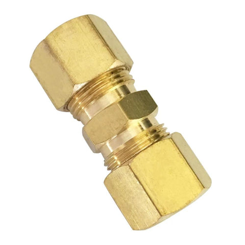 Brass compression tube union fitting, 1/4 in OD x 1/4 in OD, angled view with end hex nuts