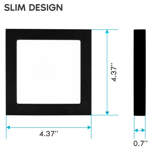 4 Inch Square LED Flush Mount Ceiling Light Kit slim black trim design with dimensions 4.37 inch and 0.7 inch thickness