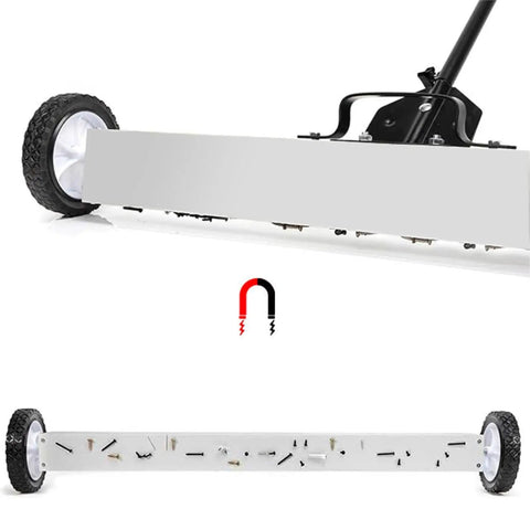 24 Inch Pick Up Sweeper With Sturdy Aluminum Alloy Handle For Workshop Iron Debris Collection, close-up of sweeping edge and wheels.
