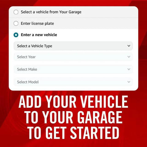 Red background app screen showing a white vehicle-entry modal with dropdowns for vehicle type, year, make, and model.