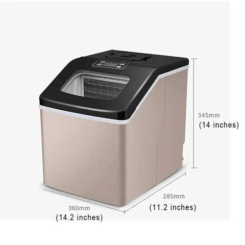 Top Shelf Portable Countertop Ice Maker Machine Snaps Frosty Cubes In Minutes Transparent Viewing Window Food Safe Abs Body, side view with dimensions.