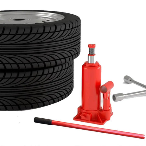 Heavy Duty Hydraulic Jack Handle For Car Suv Van 12 To 16 Ton Capacity with red floor lever and tires in background.