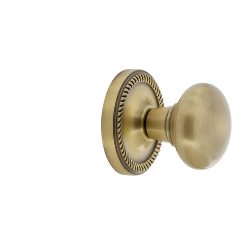 Rope Rosette Door Knob Set With New York Knob In Antique Brass, Passage Function, 2 3/8 Backset, Vintage Style Door Hardware