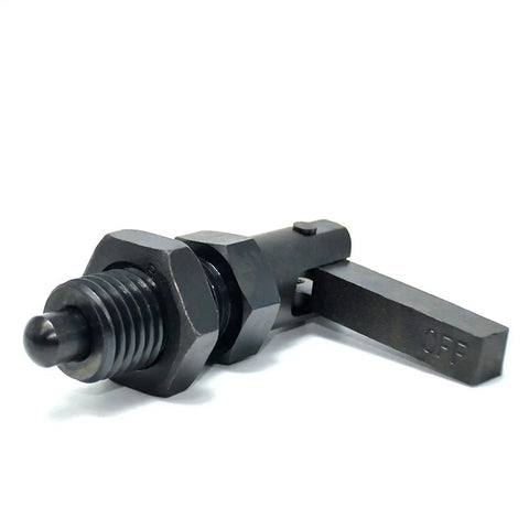 Rock Solid Locking Plunger Pin With L Handle M12 Thread Indexing Locating Pin For Machinery Jigs, steel, detailed view.