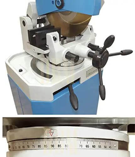 Badass 3 Phase Cold Saw With 14 Inch Blade And Massive Heavy Duty Stand For Chopping Through Steel And Iron Includes Swivel Base Vise Auto Retracting Guard 1.5 HP Motor Knocks Out Ferrous Work Fast High Low Speeds showing controls and cutting blade setup.