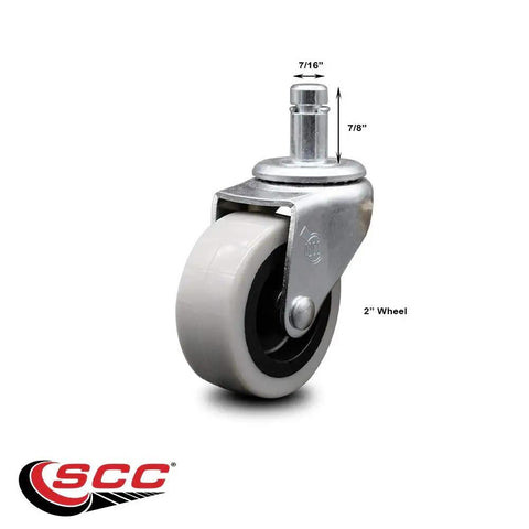 Heavy Duty Two Inch Swivel Polyurethane Caster Wheel With Seven Sixteenths By Seven Eighths Grip Ring Stem close-up view, showing dimensions and wheel details.